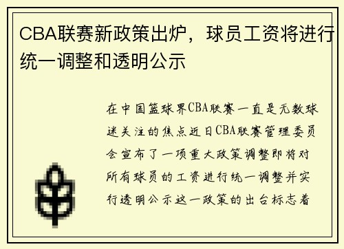 CBA联赛新政策出炉，球员工资将进行统一调整和透明公示