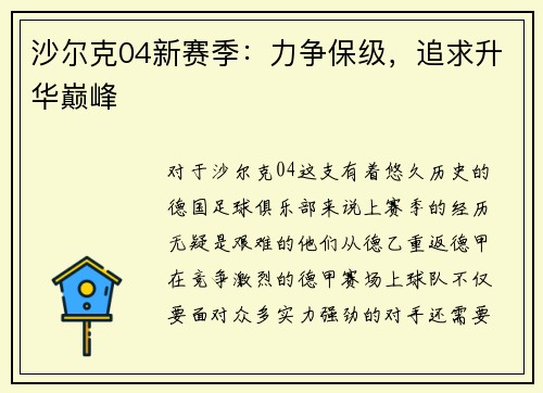 沙尔克04新赛季：力争保级，追求升华巅峰
